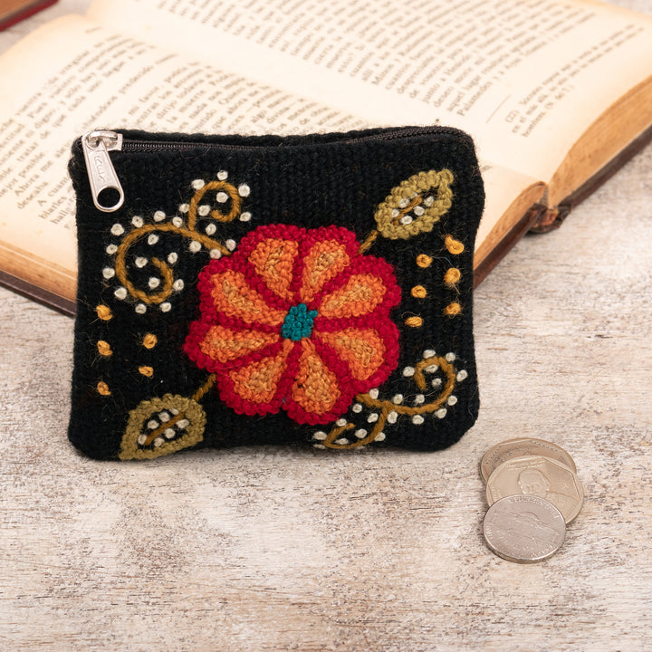 Knit Floral Orange and Black Wool Coin Purse with Zipper - Soiree Petals | NOVICA