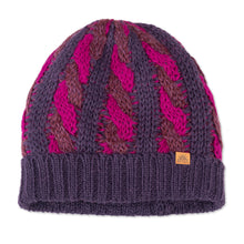 Load image into Gallery viewer, Cable Knit Alpaca Blend Hat in Fuchsia and Purple Hues - Braided Fuchsia | NOVICA
