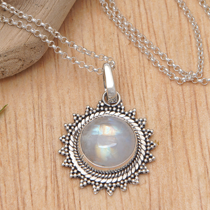 Sun-Themed Natural Rainbow Moonstone Pendant Necklace - Sunday Moon | NOVICA