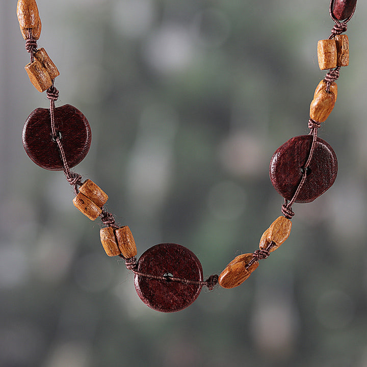 Hand-Carved Wood Beaded Long Necklace in Brown and Beige - Chic Fusion | NOVICA