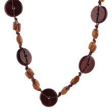 Load image into Gallery viewer, Hand-Carved Wood Beaded Long Necklace in Brown and Beige - Chic Fusion | NOVICA
