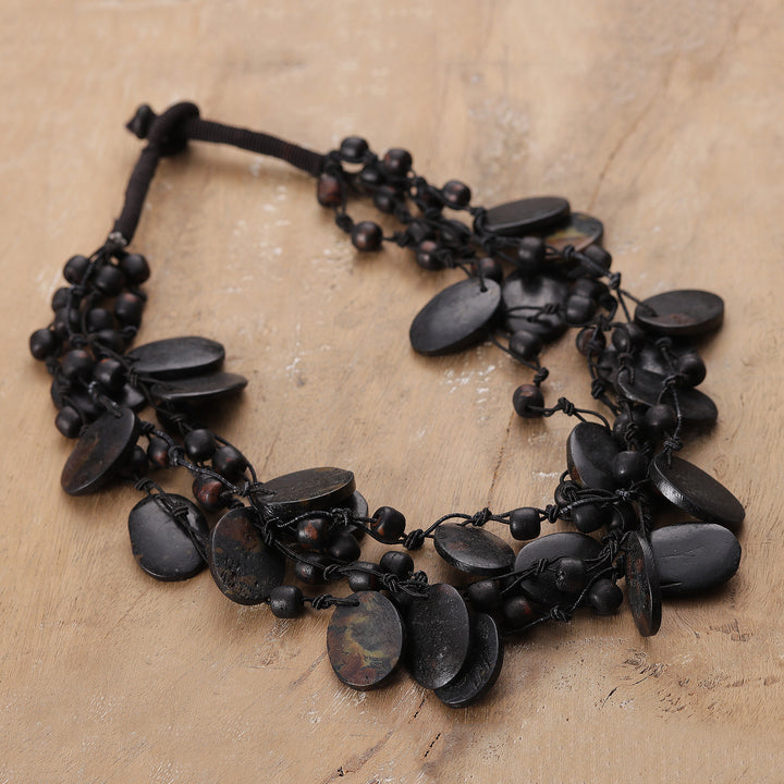 Handcrafted Bohemian Black Cotton Beaded Strand Necklace - Dark Bohemian | NOVICA
