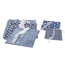Load image into Gallery viewer, Set of 5 Blue Cotton Gift Pouches with Organza Drawstring - Charmed Blue | NOVICA

