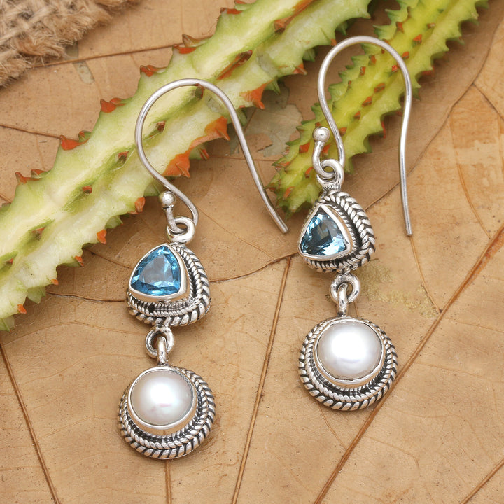 One-Carat Topaz and White Pearl Dangle Earrings from Bali - Ocean Waters | NOVICA