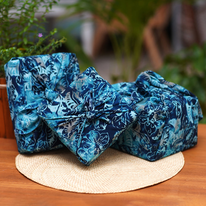 3 Upcycled Blue Leaf-Themed Batik Furoshiki-Style Gift Wraps - Blue Indigo | NOVICA