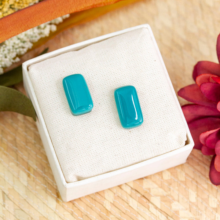 Teal Modern Handmade Art Glass Rectangular Button Earrings - Teal Geometry | NOVICA