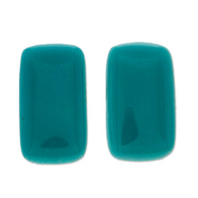 Load image into Gallery viewer, Teal Modern Handmade Art Glass Rectangular Button Earrings - Teal Geometry | NOVICA
