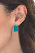 Load image into Gallery viewer, Teal Modern Handmade Art Glass Rectangular Button Earrings - Teal Geometry | NOVICA
