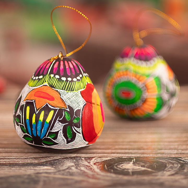 Spring-Themed Andean-Made Hand-Painted Dried Gourd Ornament - Harmonious Garden | NOVICA