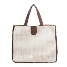 Load image into Gallery viewer, Faux Leather-Accented Handbag in Mahogany and Ecru Hues - Ecru Promenade | NOVICA
