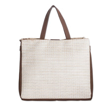 Load image into Gallery viewer, Faux Leather-Accented Handbag in Mahogany and Ecru Hues - Ecru Promenade | NOVICA
