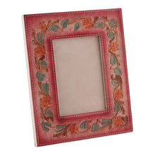 Load image into Gallery viewer, Floral and Leafy Embossed Leather Photo Frame in Warm Hues - Blossoming Warmth | NOVICA

