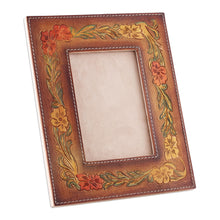 Load image into Gallery viewer, Autumn-Themed Amber and Vermilion Leather Photo Frame (4x6) - Autumn Ecstasy | NOVICA
