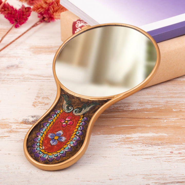 Floral Patterned Reverse-Painted Wood Hand Mirror from Peru - Princess Reflection | NOVICA