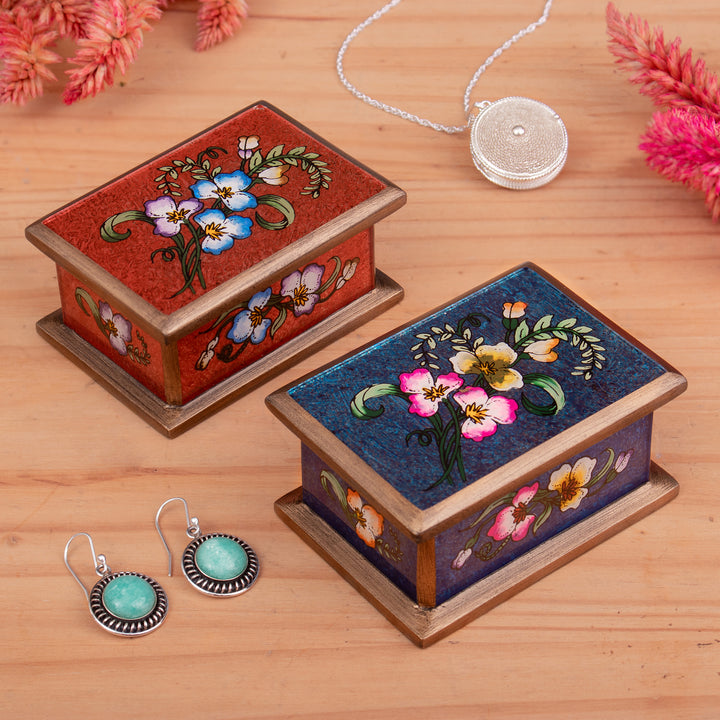 2 Red and Blue Reverse Painted Glass Floral Decorative Boxes - Precious Garden | NOVICA