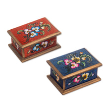 Load image into Gallery viewer, 2 Red and Blue Reverse Painted Glass Floral Decorative Boxes - Precious Garden | NOVICA
