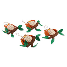 Load image into Gallery viewer, Handmade Set of 4 Owl-Shaped Wool Felt Ornaments from India - Owl Message | NOVICA
