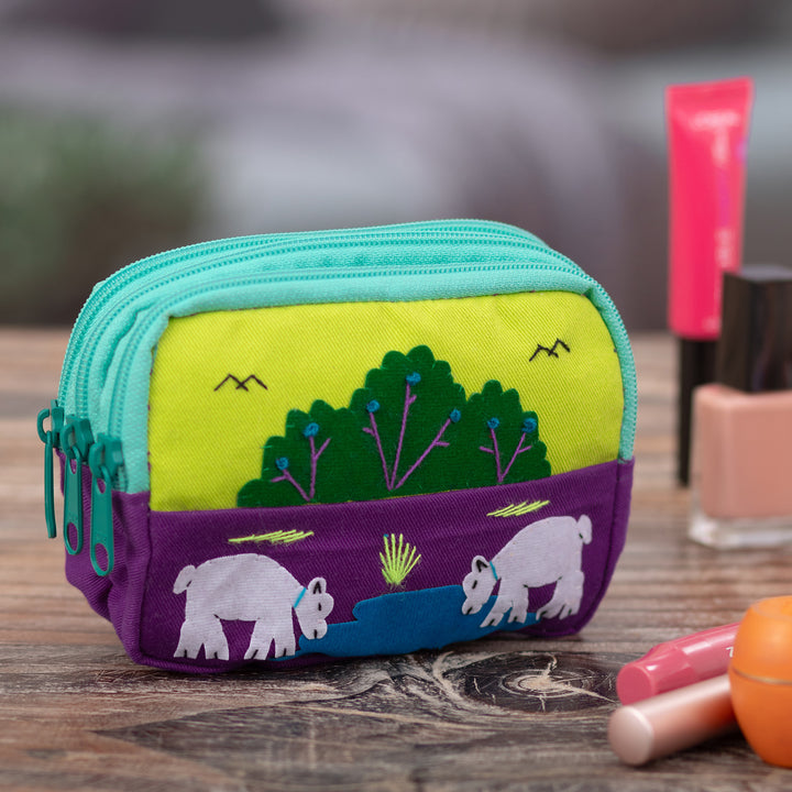 Cotton Blend Three-Compartment Cosmetic Toiletry Bag - Lovely Llamas | NOVICA