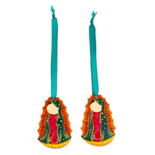 Load image into Gallery viewer, Pair of Hand-Painted Guadalupe Wood Ornaments from Mexico - Merry Guadalupe | NOVICA
