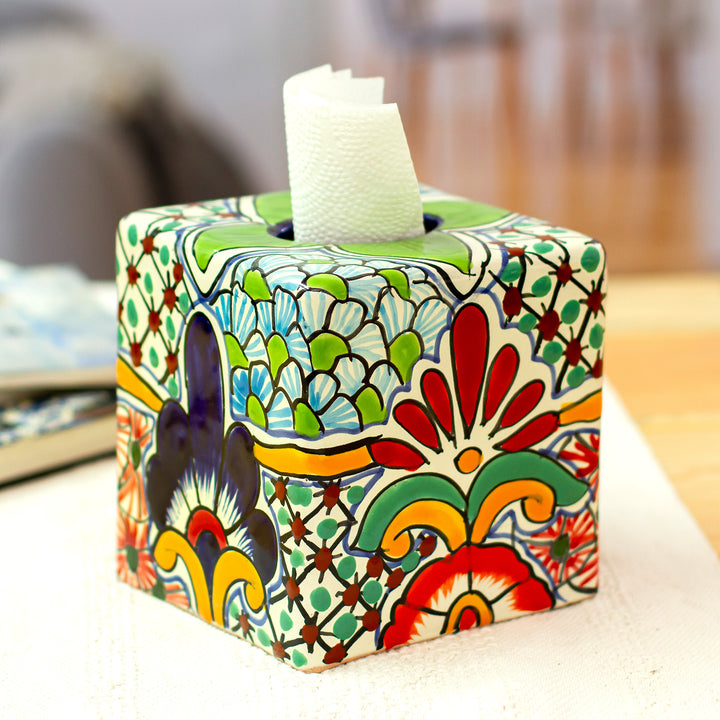 Hacienda-Themed Talavera Ceramic Tissue Box Cover in Green - Evergreen Hacienda | NOVICA