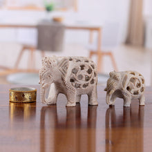 Load image into Gallery viewer, Jali-Themed 2-Piece Carved Soapstone Elephant Sculpture Set - Elephant Bonds | NOVICA
