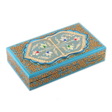 Load image into Gallery viewer, Aqua Hand Painted Folk Art Papier Mache Wood Decorative Box - Aqua Chinar Embrace | NOVICA
