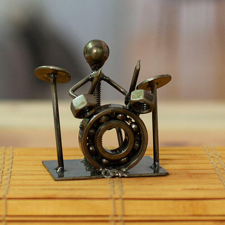 Drummer-Themed Eco-Friendly Recycled Metal Figurine - Drums Star | NOVICA