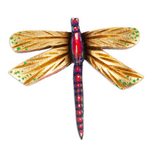 Load image into Gallery viewer, Golden and Pink Pinewood Dragonfly Magnet Carved in Mexico - Tiny Fluttering | NOVICA
