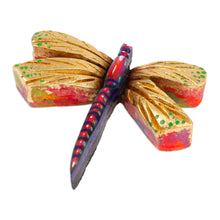 Load image into Gallery viewer, Golden and Pink Pinewood Dragonfly Magnet Carved in Mexico - Tiny Fluttering | NOVICA
