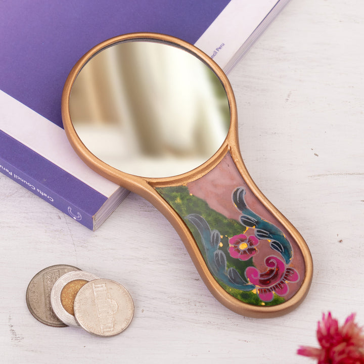 Baroque-Themed Floral Reverse-Painted Glass Wood Hand Mirror - Primaveral Fields | NOVICA