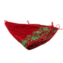 Load image into Gallery viewer, Faux Velvet Christmas Tree Skirt with Green Rose Embroidery - Merry Rose | NOVICA
