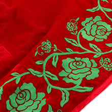 Load image into Gallery viewer, Faux Velvet Christmas Tree Skirt with Green Rose Embroidery - Merry Rose | NOVICA

