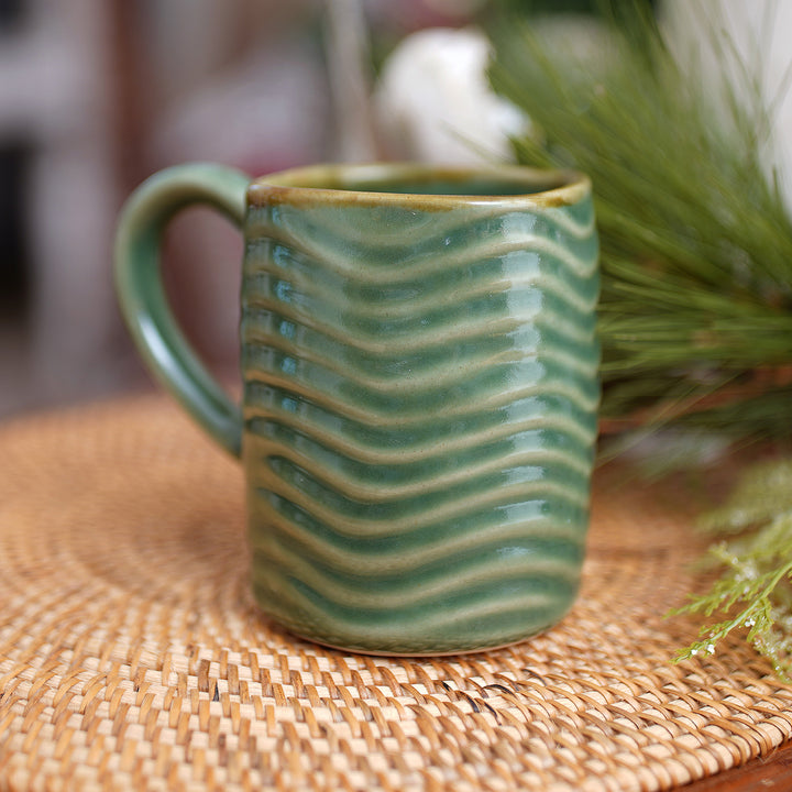 Handcrafted Banana Leaf-Themed Glazed Ceramic Mug in Green - Banana Vibes | NOVICA