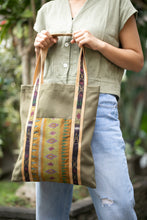 Load image into Gallery viewer, Ikat-Themed Olive Cotton Canvas Tote Bag Crafted in Bali - Island Olive | NOVICA
