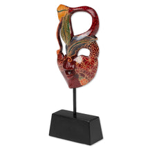Load image into Gallery viewer, Handcrafted Leafy-Inspired Green and Red Pule Wood Mask - Eyes on Me | NOVICA

