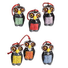 Load image into Gallery viewer, Set of 6 Hand-Painted Whimsical Ceramic Owl Ornaments - Sweet Friends | NOVICA
