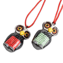 Load image into Gallery viewer, Set of 6 Hand-Painted Whimsical Ceramic Owl Ornaments - Sweet Friends | NOVICA

