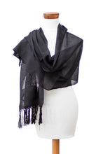 Load image into Gallery viewer, Hand-Woven Black Cotton Scarf with Fringe and Rhombus Motifs - Black Geometric Charm | NOVICA
