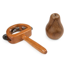 Load image into Gallery viewer, Carved Teak Wood and Stainless Steel Tambourine with Handle - Joyous Rhythm | NOVICA
