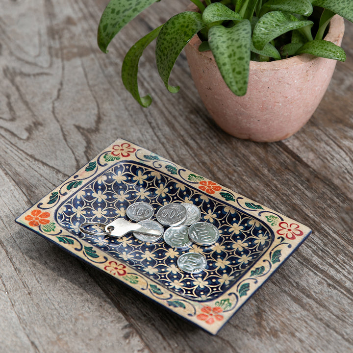 Handmade Clover Patterned Midnight Blue Pule Wood Catchall - Nocturnal Clover | NOVICA