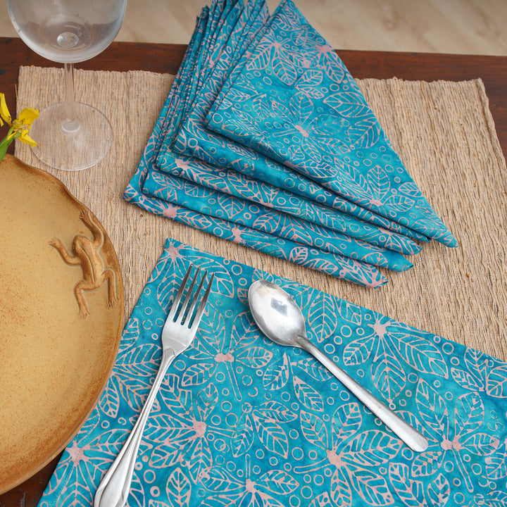 Nature-Inspired Leafy 6-Piece Turquoise Batik Napkin Set - Turquoise Banquet | NOVICA