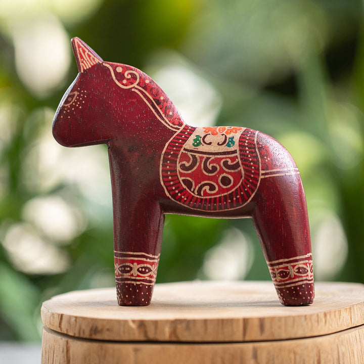 Folk Art-Themed Batik Crimson-Red Pule Wood Horse Sculpture - Crimson Dala Horse | NOVICA