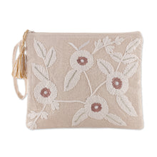 Load image into Gallery viewer, Floral Beige and Ivory Embroidered 100% Cotton Cosmetic Bag - Tranquil Spring | NOVICA
