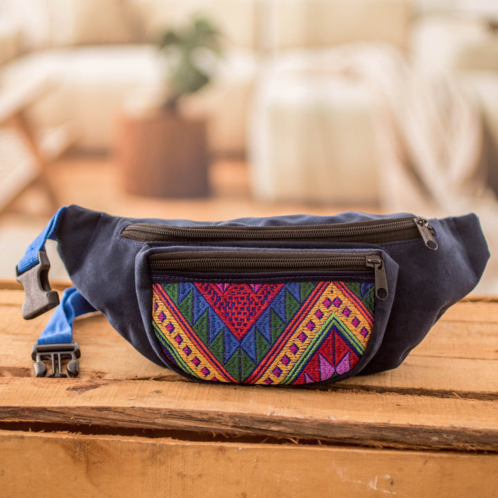 Fanny Pack with Guatemalan Textile-Inspired Handwoven Accent - Blue Guatemalan Heritage | NOVICA