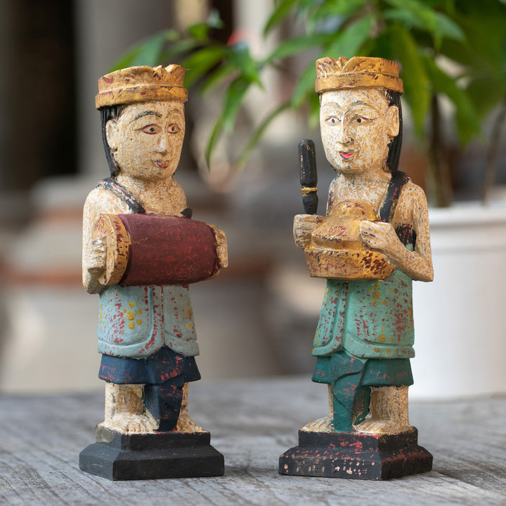 2 Wood Sculptures of Men Playing Balinese Musical Instrument - Kempluk Players | NOVICA