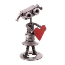 Load image into Gallery viewer, Recycled Metal Figurine of Female Robot Holding a Red Heart - Robotic Passion | NOVICA
