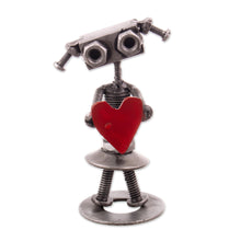 Load image into Gallery viewer, Recycled Metal Figurine of Female Robot Holding a Red Heart - Robotic Passion | NOVICA

