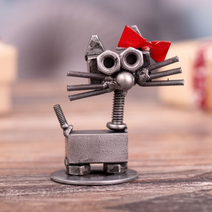 Recycled Auto Part Figurine of Female Cat with a Red Bow - Bow Cat | NOVICA