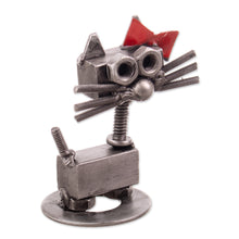 Load image into Gallery viewer, Recycled Auto Part Figurine of Female Cat with a Red Bow - Bow Cat | NOVICA
