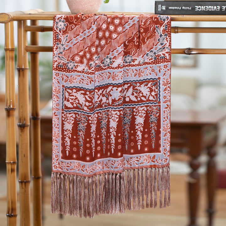 Lengko-Patterned 100% Silk Batik Shawl in Russet and Blue - Russet Lengko | NOVICA